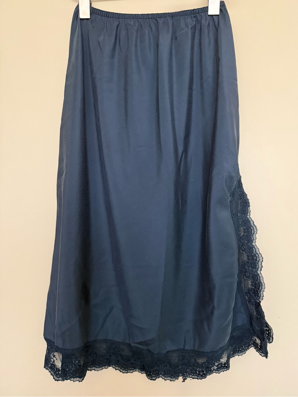 Vintage Teal Navy Lace-Trim Midi Slip Skirt S